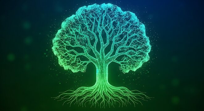 3d glowing neon brain tree with neural network roots on dark background