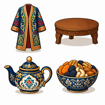 Traditional Central Asian cultural items including a decorated robe, a low wooden table, an ornate teapot, and a bowl of dried fruits and nuts.