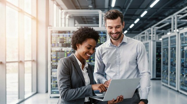 Diverse IT professionals collaborating in a modern data center. A woman points at laptop screen while man reviews information in server room. Teamwork and technology concept