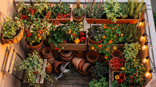 Cozy rooftop herb nook lit by string lights, terracotta pots with basil tomatoes and rosemary, evening ritual for urban chef with aromatic
