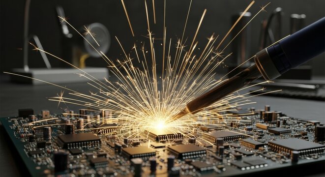 Macro photography of a soldering iron tip touching a circuit board causing a supernova of gold sparks in a dark industrial lab