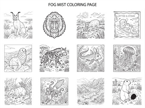 Fog mist atmosphere and marine life coloring book page vector collection featuring rabbit chimaera jellyfish and land animals