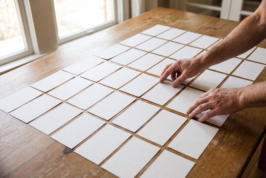 Adult hands arranging blank white cards on a wooden table