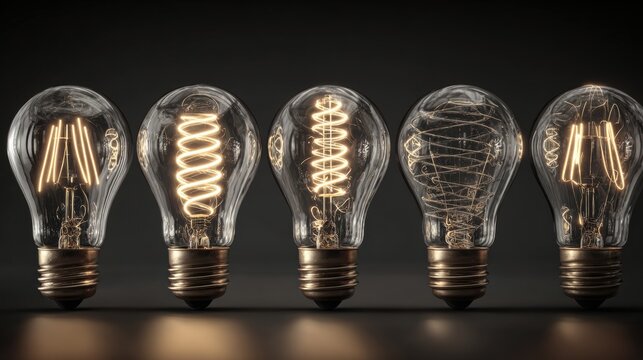 Five glowing light bulbs arranged in a row on dark background