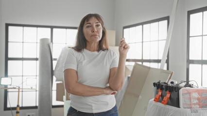 Woman points finger forward in building filled with moving boxes and tools; home planning...
