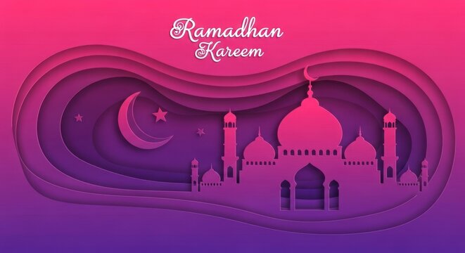 Ramadan Kareem Islamic Mosque Silhouette with Crescent Moon and Stars.