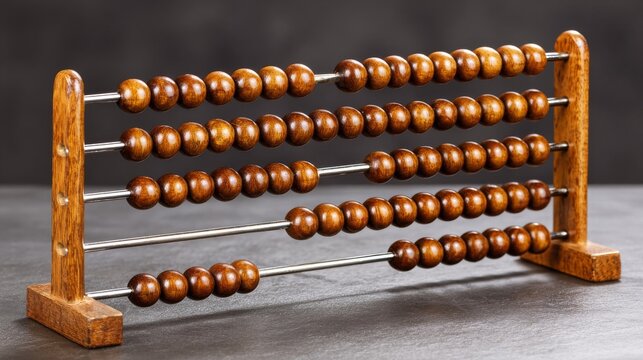 Polished wooden abacus beads arranged on metal rods, a traditional counting tool for arithmetic calculations