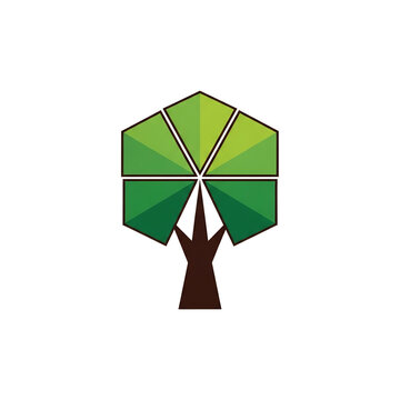 Polygonal tree icon with geometric leaves and trunk.