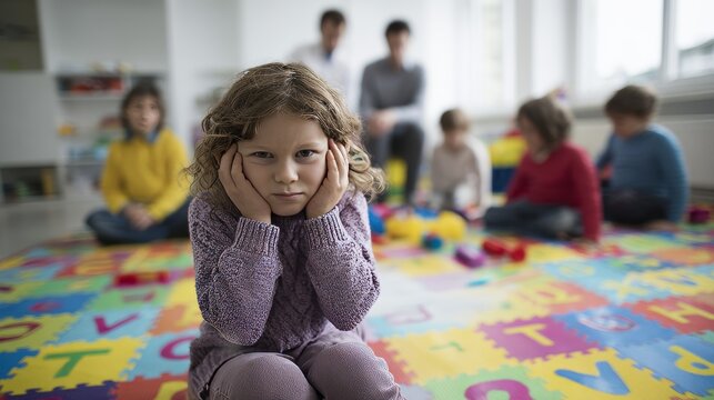 distressed girl covering ears noise child anxiety indoor playroom kids toys letters loud sound sensory overload stress emotion upset classroom activity concern adults colorful environment