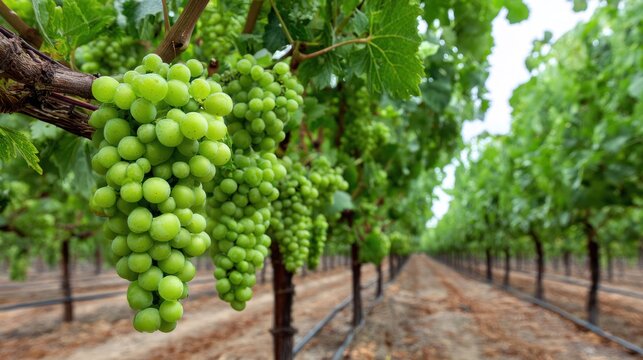 Green grapes growing on vines in a vineyard during daylight hours