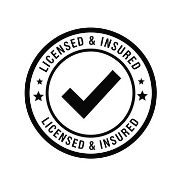 A circular black and white emblem displays licensed insured text around a central checkmark symbol high quality professional