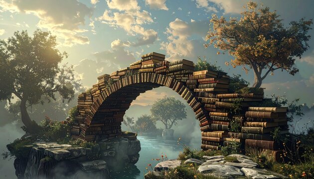Magical bridge constructed of books spanning a misty landscape.