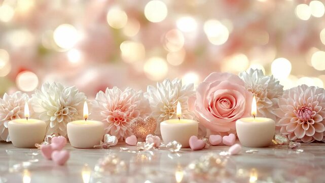 Romantic floral elegance, soft candle glow, delicate blush blossoms, sparkling bokeh, tender heart decorations, serene tranquility, celebration ambiance