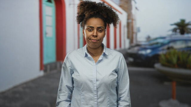 Woman with exposed face and slight eye roll standing on a street with colorful doors, planter and parked cars near building; resignation.