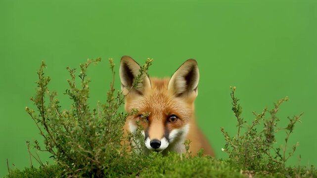Curious Red Fox Peeking Over Green Bush with Bright Green Screen Background.