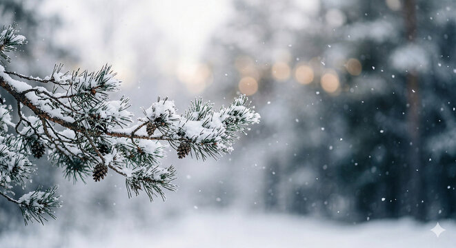 Snow covered pine branch with pine cones in winter forest and bokeh lights. magic winter background with copy space, pine branch, winter forest, pine cone, bokeh, christmas, nature