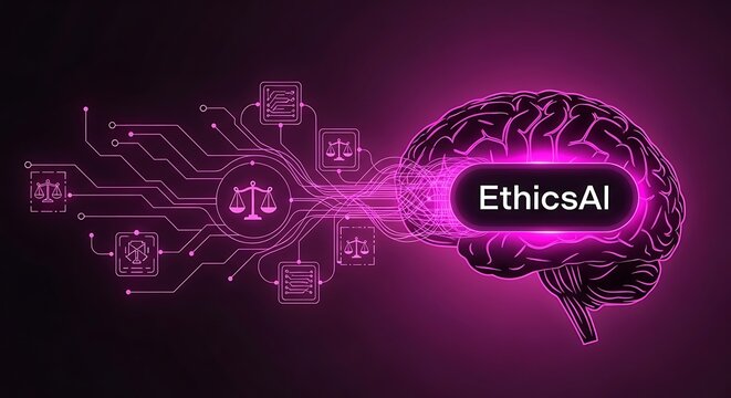 Futuristic AI ethics concept with glowing neural network and digital blockchain integration