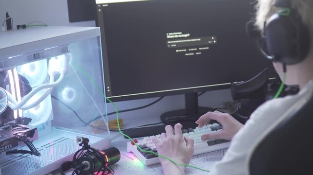 A teenage boy uses ChatGPT on a computer, typing on a keyboard in a modern home setup, exploring artificial intelligence and learning in a digital environment