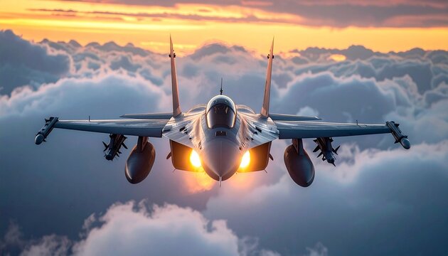 Front view of fighter jet with afterburners glowing, flying through clouds at dusk, cinematic lighting, powerful military aviation scene