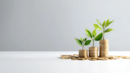 Sustainable Financial Growth Concept. - Young Trees Sprouting from Stacked Coins on Clean Minimal Background. © sema_srinouljan