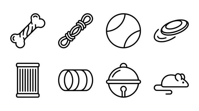 Collection of pet toys icons in outline style for animal care and products