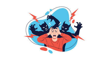 Fototapeta premium Man suffering from mental health issues and anxiety surrounded by dark shadowy monsters symbolizing inner demons.