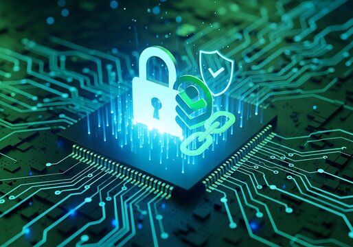 3d digital security shield with padlock icon on circuit board background cyber protection concept