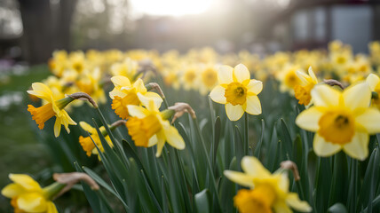 Obraz premium Yellow Daffodils Blooming in Spring Garden with Sunlight