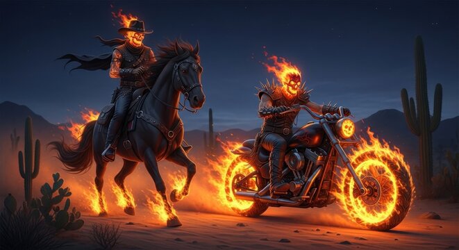 Flaming Cowboy and Biker Riding in Desert at Night
