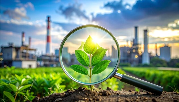 Magnifying glass focusing on green plant arrow symbol against industrial background, concept of sustainable growth, environmental transition, eco-friendly industry