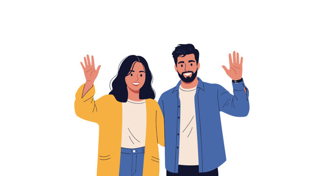 Happy young couple standing together and waving their hands in a friendly greeting against a white background.
