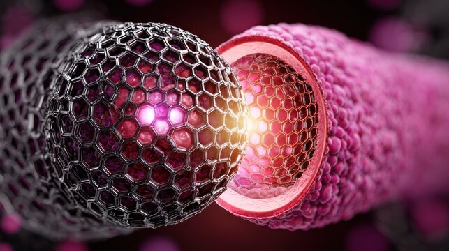 Medical illustration of a blood vessel and a cellular structure with glowing core
