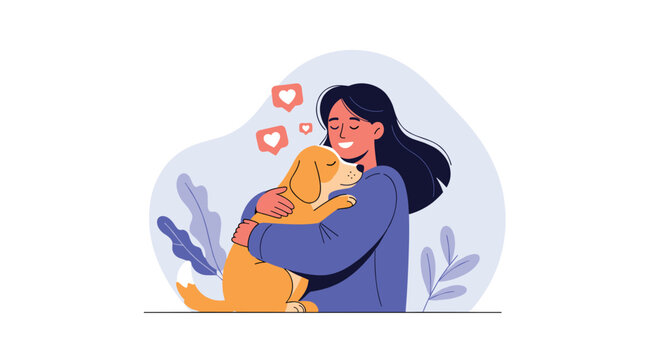 Happy young woman tenderly hugs her pet dog expressing love and companionship with floating heart icons in the background.