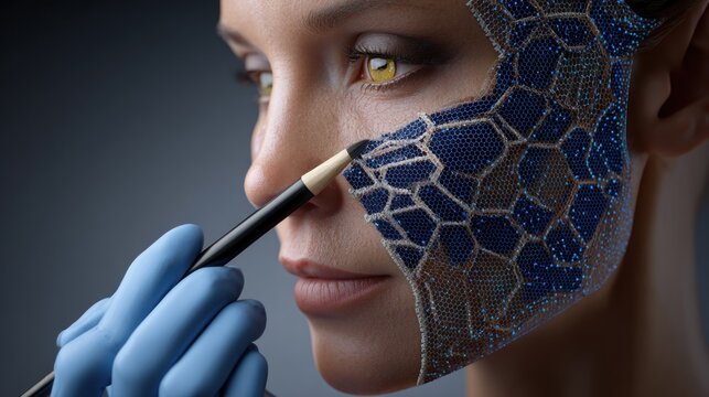 Womans face partially covered by blue pattern during makeup application