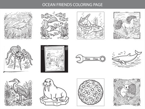 Ocean friends coloring page collection featuring marine life and prehistoric creatures for kids artistic learning activities