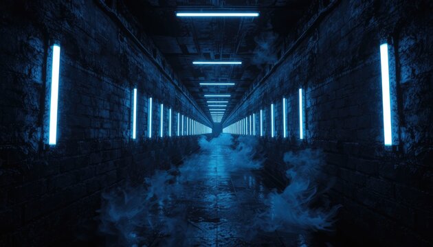 Futuristic tunnel with blue neon lights and atmospheric fog, perfect for technology, gaming, or abstract backgrounds
