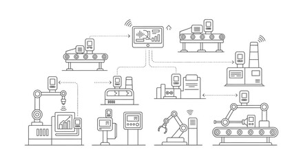 Naklejka premium Smart factory industrial automation with robots, conveyor belts, and digital control systems in a modern production line.