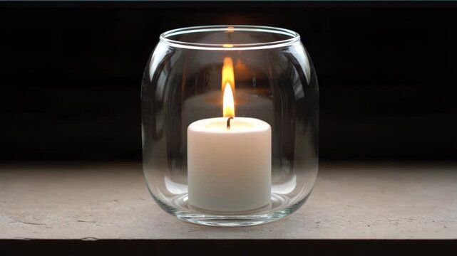 A single white candle burns brightly within a clear glass hurricane vase. The gentle flame casts a warm, soft glow against the dark background.