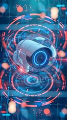 Fototapeta premium Security camera with blue LED light rotates within a digital interface displaying data patterns and glowing elements, emphasizing cyber security technology and surveillance systems. High quality photo