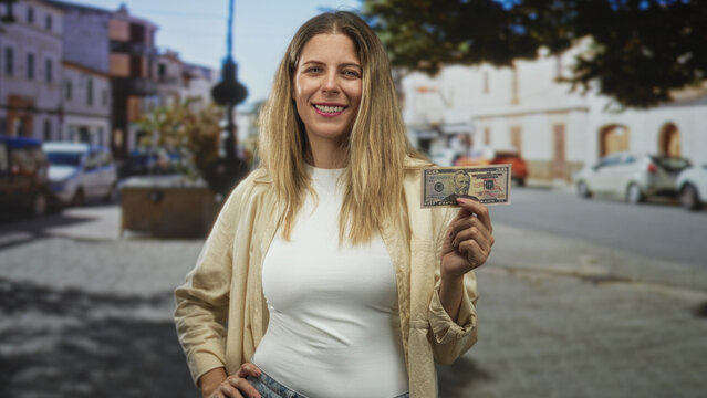 Woman holding a us fifty dollar banknote with hand visible, smiling on a street in a small town; confidence prosperity.