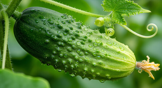 Close-up of a fresh green cucumber with water droplets growing on a vine in a garden, showing its textured skin and a small yellow flower.