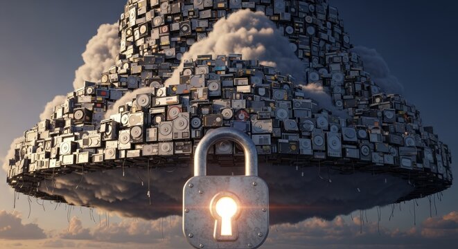 Data Storage Cloud Made of Hard Drives with Glowing Master Lock