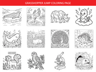 Obraz premium Grasshopper jump coloring page collection featuring cute animals and scientific items in professional black and white vector line art