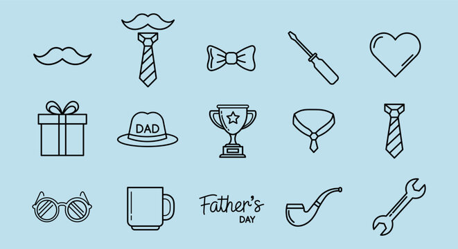 Collection of Father's Day icons including mustache, tie, gift, and trophy