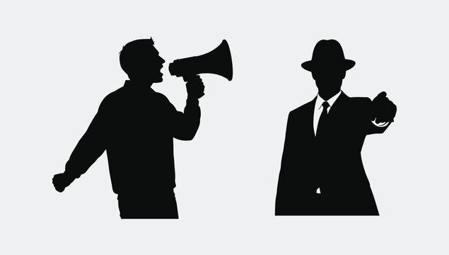 Black silhouettes of a man speaking into a megaphone and a man in a suit pointing his finger out
