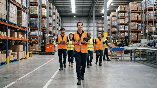A diverse team of warehouse workers in safety vests walking confidently through a large, organized distribution center.