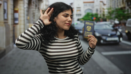 Fototapeta premium Young woman holding belarus passport on a city street, hand raised to show passport and firm expression; identity rights defiance.