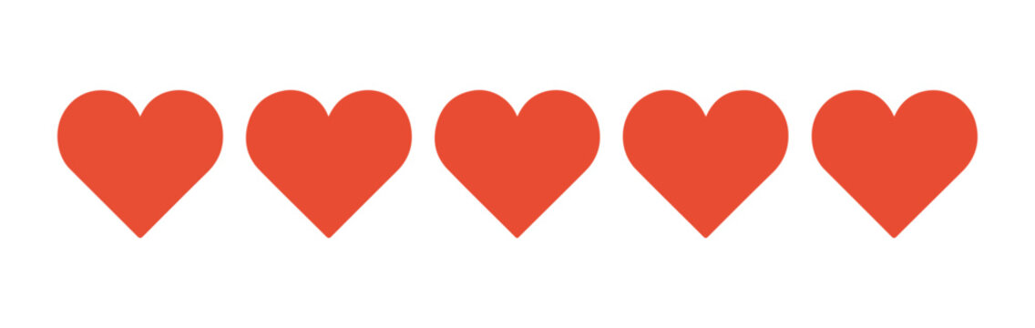 Five red heart shape icons, love or health symbol, social media favorite or like button.