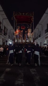 Holy Week in Popay&aacute;n, Colombia &ndash; &ldquo;Cargueros&rdquo; Carrying Traditional Religious Floats (Pasos) Through Historic Streets Surrounded by Tourists and Candle Bearers