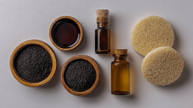 An aesthetic flat lay of natural ingredients for body care, including black cumin seeds in wooden bowls and glass bottles with a dark brown liquid inside, as well as round beige sponges .